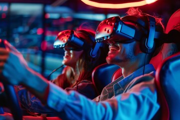 A young couple is playing a virtual reality game
