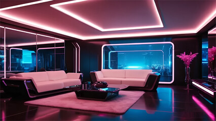 Modren and Futuristic interior room with neon lights