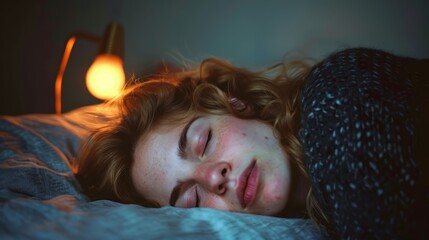   A tight shot of a person reclining in a bed A table lamp sits next to the bed, casting a warm light on the head area