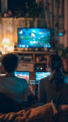 A couple is sitting on a couch in a dark room, playing video games