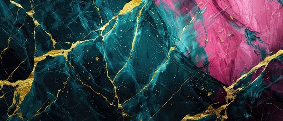 A marble texture background featuring black, yellow, cyan, and magenta hues is elevated by the addition of cracked gold details in this illustration.