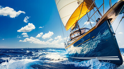 Yacht in the sea on a background of blue sky with clouds