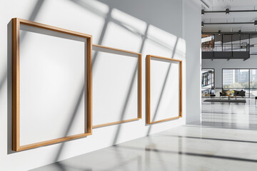 an sequence of three wooden mockup frames, each progressively larger than the last, aligned diagonally across a bright white wall in a contemporary gallery space