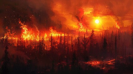 Fototapeta premium A powerful digital painting captures the fury of a wildfire, engulfing trees amidst high temperatures and dry conditions. It underscores the urgent need to address escalating climate change risks.