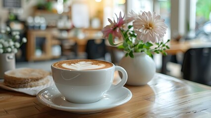 Fototapeta premium Cafe au lait enjoyed in a charming coffee shop overlooking the city. Concept Coffee Shop Vibe, Cityscape Views, Charming Ambiance, Cafe Au Lait, Relaxing Experience
