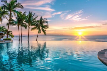 luxurious beachfront hotel stunning sunset view palm trees and pool travel destination