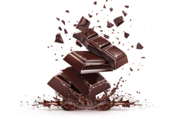 dark chocolate crumbs in the air, pieces floating on a white background.