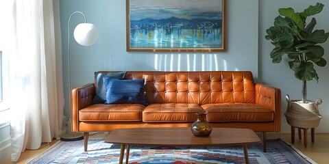 Stylish midcentury lounge featuring a vintage leather sofa, teak coffee table, and Arco lamp. Concept Midcentury Lounge Design, Vintage Leather Sofa, Teak Coffee Table, Arco Lamp, Stylish Interior