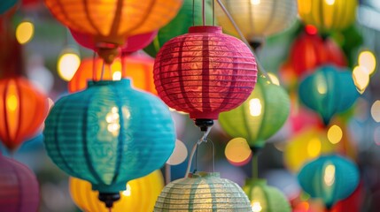 Vibrant paper lanterns hung together in a festive and colorful display, illuminating a joyful atmosphere