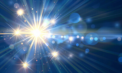 star with lens flare and bokeh effect on dark blue background