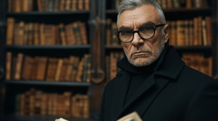 Fototapeta premium A man in a black coat and glasses stands before a bookshelf filled with numerous books, holding one open in front of him