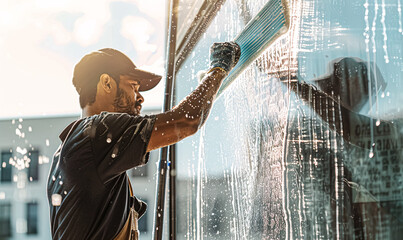 Worker washing window glass. Side view of young man in cap and t-shirt washing window glass outdoors