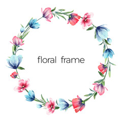 Floral wreath with text inside - cute greeting card design. Watercolor and painted pink and blue blooming flowers