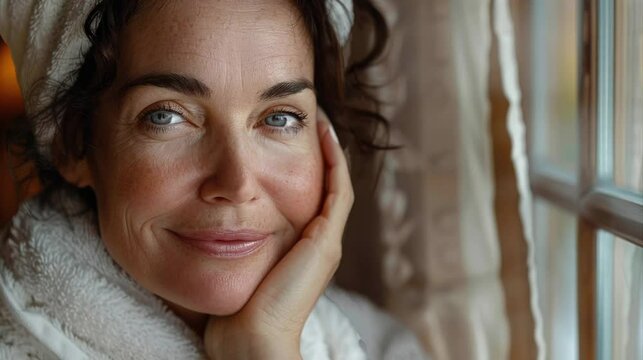 Close-up portrait of a middle-aged woman in a bathrobe, her face expressing tranquility and contentment as she looks out of a window, bathed in soft morning light.