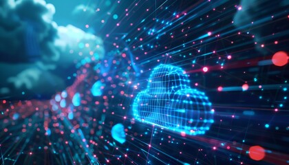Fototapeta premium A blue cloud with red and blue lines surrounding it by AI generated image