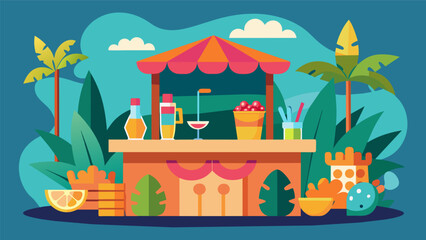A tropical tiki bar with a surf rock soundtrack serving up fruity tails in fun novelty cups and glasses. Vector illustration