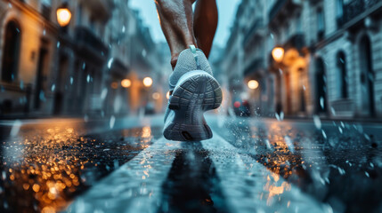 Close-up of the legs of a man in sneakers running along the street on a rainy day. Athletic man...