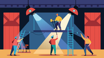 In a newly constructed theater electricians expertly fitting and adjusting stage lights to create the perfect ambiance for performances.. Vector illustration