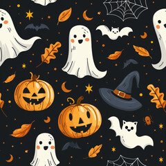 Cute halloween vector patterns such as ghosts, cats, bats, spiders, witch hats, jack-o'-lanterns... in black background