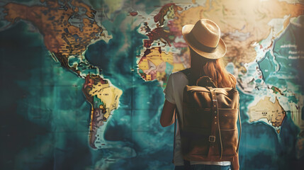 Young woman traveler with backpack and hat looking at map on world map background - obrazy, fototapety, plakaty