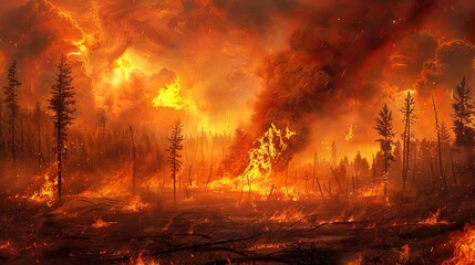 A powerful digital painting captures the fury of a wildfire, engulfing trees amidst high temperatures and dry conditions. It underscores the urgent need to address escalating climate change risks.