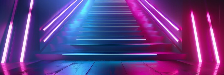 Fototapeta premium Sci Fi Futuristic Smoke Fog Neon Laser Garage Room,blue pink violet neon abstract background,ultraviolet light,night club Cyber Undergound Warehouse Concrete Reflective Studio,3D Render illustration 