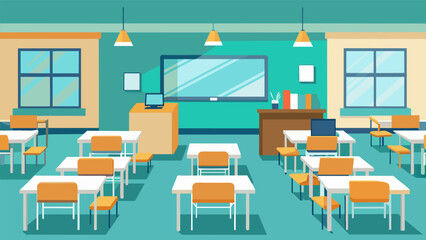 Completed classrooms being furnished with desks chairs and whiteboards.. Vector illustration