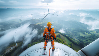 Triumphant Ascent Amidst Nature’s Majesty: Industrial Alpinist, adorned in vibrant gear, standing on Turbine rotor against backdrop of misty mountains and silhouetted wind turbines.