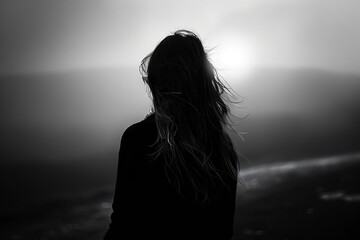 mysterious silhouette of girl from behind intriguing black and white portrait