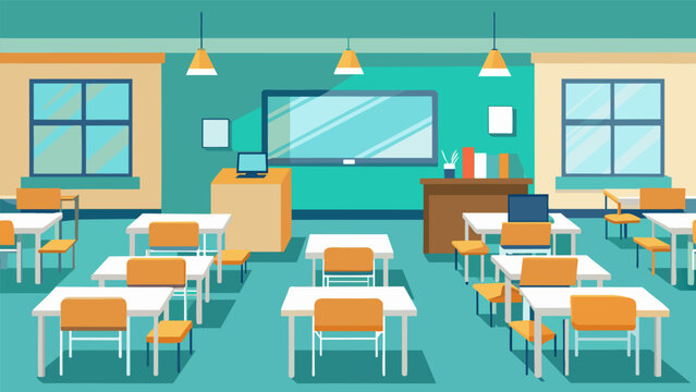 Completed classrooms being furnished with desks chairs and whiteboards.. Vector illustration