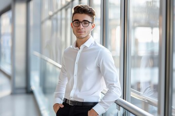 Fototapeta premium A man wearing a white shirt and black pants standing outdoors