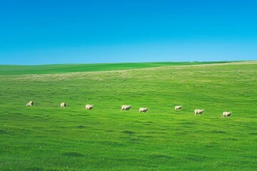 peaceful herd of sheep grazing on lush green field under clear blue sky idyllic landscape...