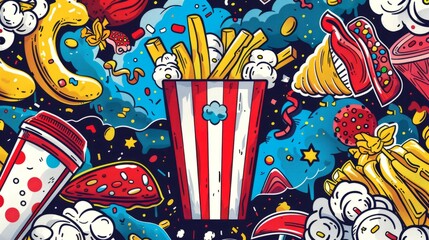 Obraz premium food-themed pop art, fun pop art design with a retro twist featuring favorite foods like popcorn, fries, and candy, creatively combined