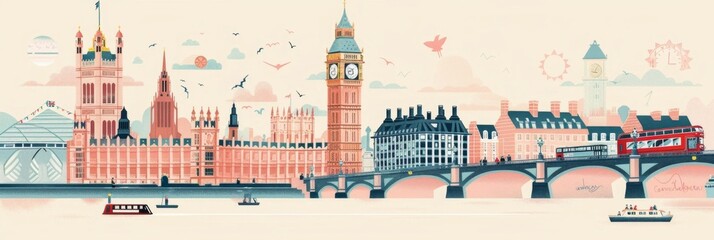 Charming London in Pastel Colors Showcasing Iconic Landmarks - obrazy, fototapety, plakaty