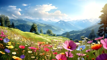 colorful blooming mountain meadow in spring