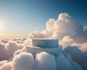 White round podium against a backdrop of white clouds, for product demonstration.