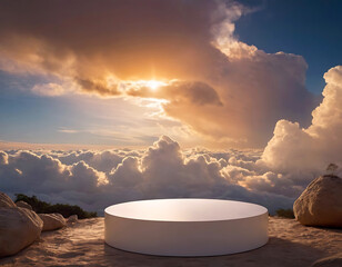 White round podium against a backdrop of clouds, for product demonstration.
