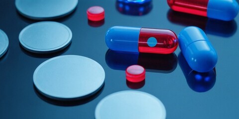 Pills and capsules on blue background.