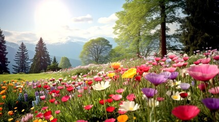 Obraz premium colorful blooming mountain meadow in spring