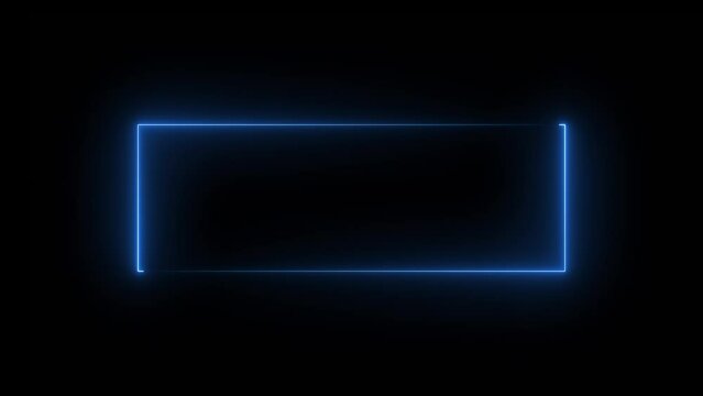 Neon glowing square frame on black background. Rectangular frame with moving line.