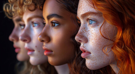 Fototapeta premium Profile side view portrait of diverse young beautiful women.Macro.AI Generative.