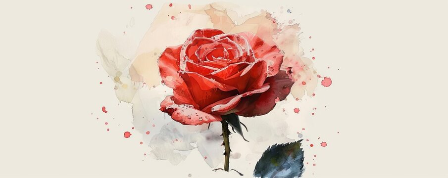 A Simplistic Watercolor Clipart Of A Single Red Rose With Dew Drops On Its Petals And Leaves