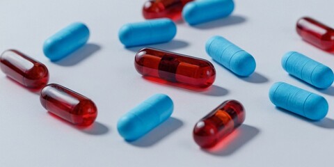 Close up of red and blue capsule pills on white background with copy space.