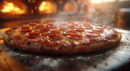 Traditional italian oven baked pepperoni pizza on table of modern piceria.Macro.AI Generative.