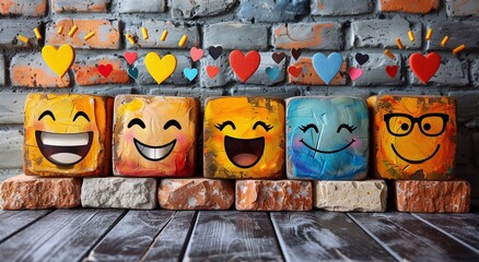 Illustration of blocks with smiley and heart symbols on wall.Macro.AI Generative.