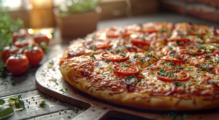 Tasty traditional deep pan pepperoni pizza on pizza table.Macro.AI Generative.