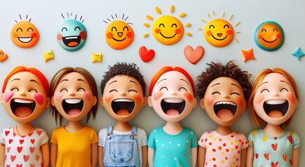 Illustration of happy smiling kids with smiley and heart symbols on wall.Macro.AI Generative.