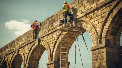 Roman aqueduct's maintenance workers inspecting stone arches