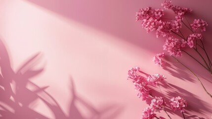 Light casts gentle shadows on a pink backdrop where delicate pink flowers are arranged, creating a sense of tranquility