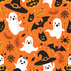 Cute halloween vector patterns such as ghosts, cats, bats, spiders, witch hats, jack-o'-lanterns... in orange background